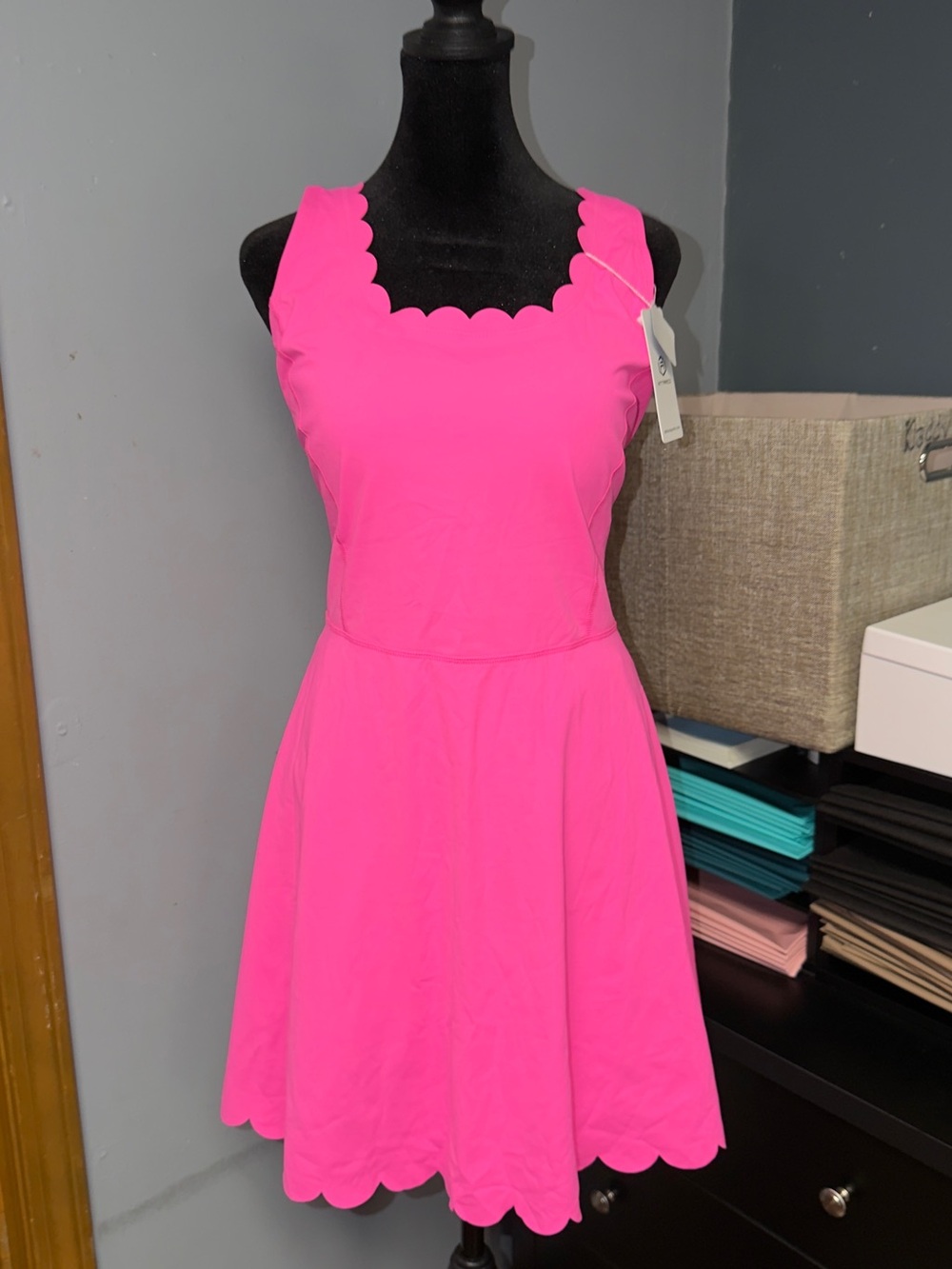 Scalloped Neck Fit & Flare Padded Workout Mini Dress in Hot Pink with Shorts